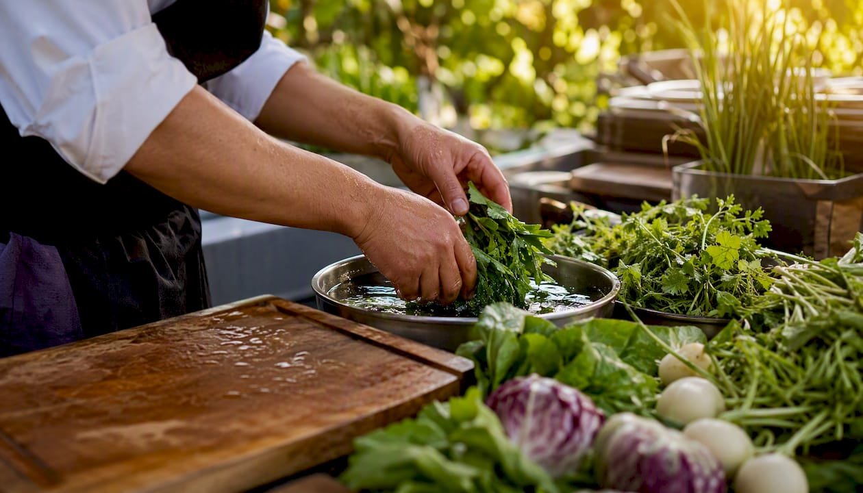 Chef washing fresh farm vegetables