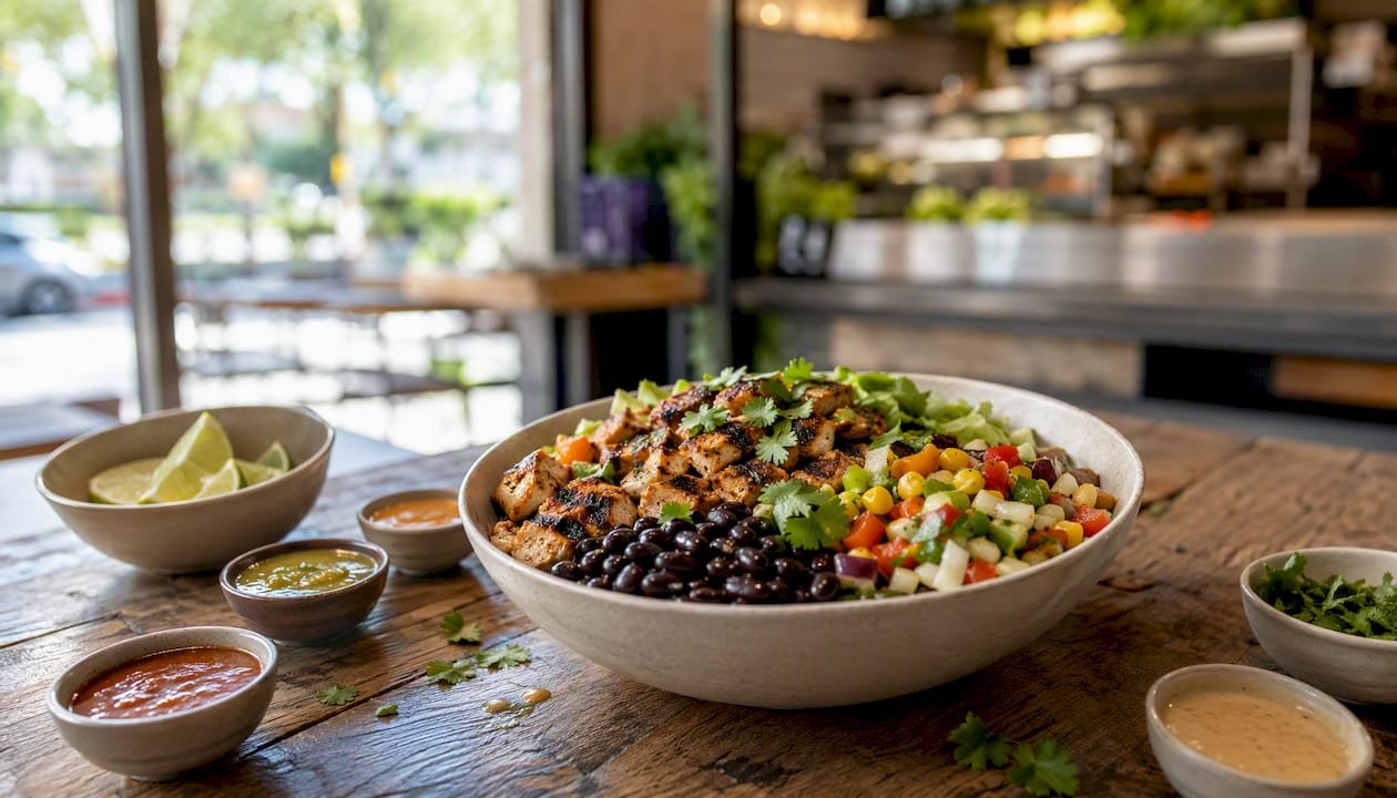 Healthy grilled chicken Mexican bowl with side sauces