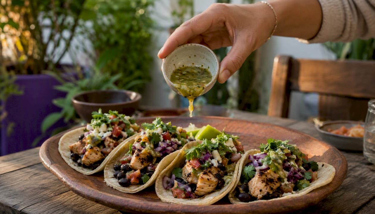 Grilled chicken tacos with corn tortillas and vegetables