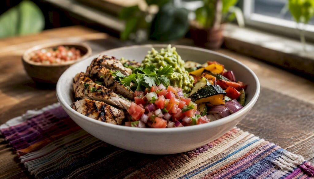 Keto Mexican bowl with grilled meats and guacamole