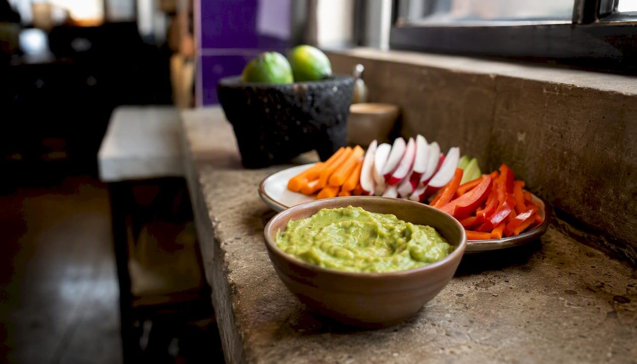 Bowl of guacamole with vegetable dipping sticks