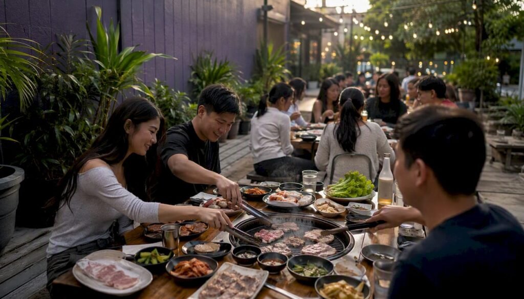 Korean BBQ grill with meats and side dishes