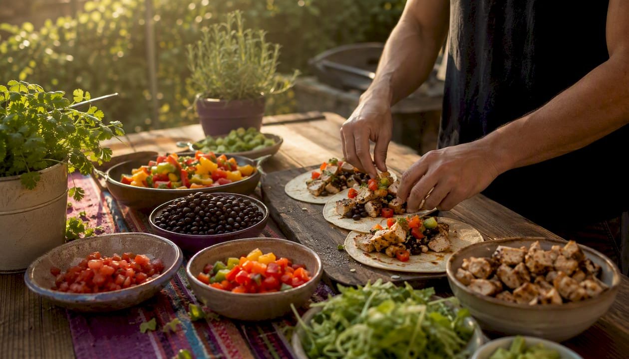 Hands assembling high-protein athlete taco
