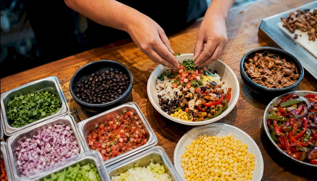 Chef assembling fresh Mexican burrito bowl