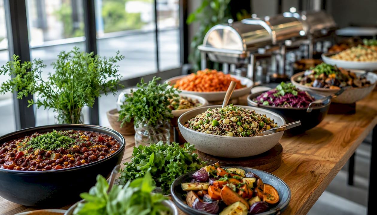 Close-up of vibrant vegan catering buffet spread