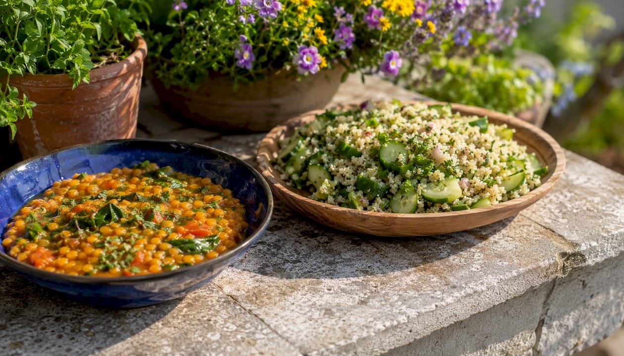 Warm chickpea curry and cold sesame noodle salad