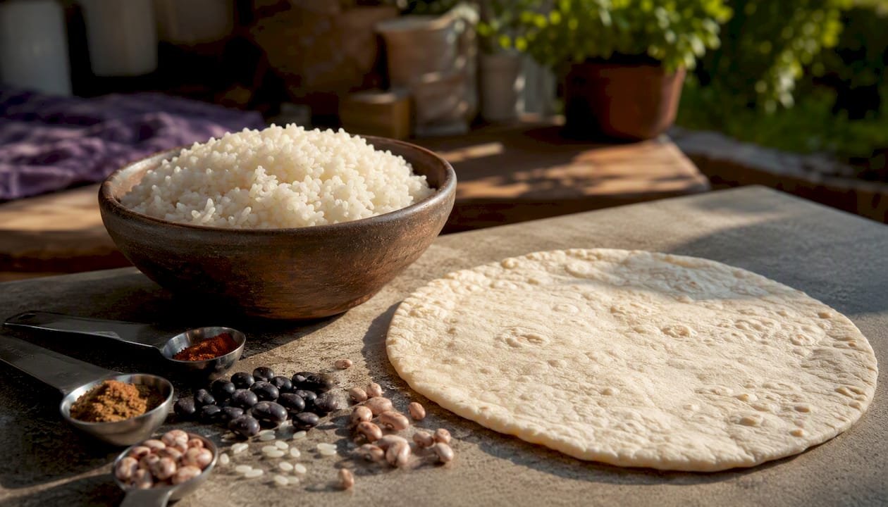 Bowl of white rice beside large flour tortilla