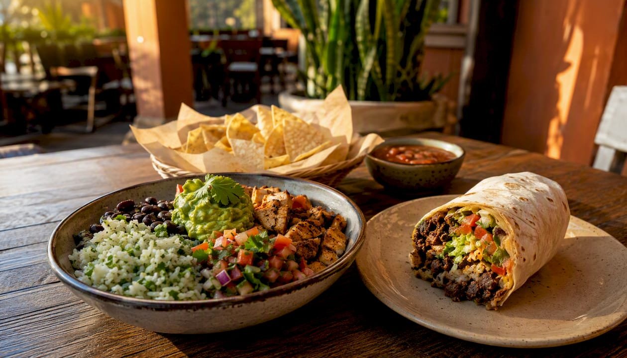 Burrito bowl and wrapped burrito on table