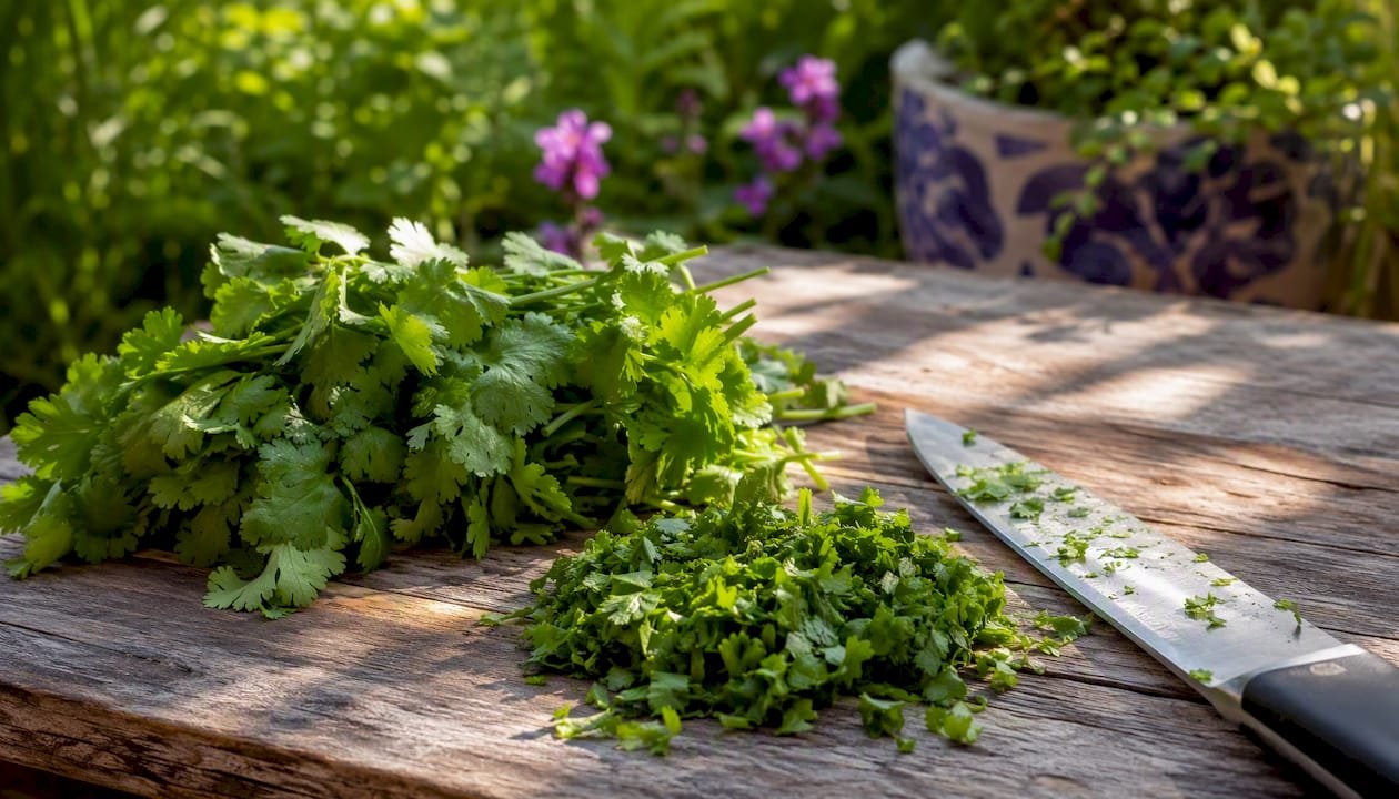 Fresh and chopped cilantro on cutting board