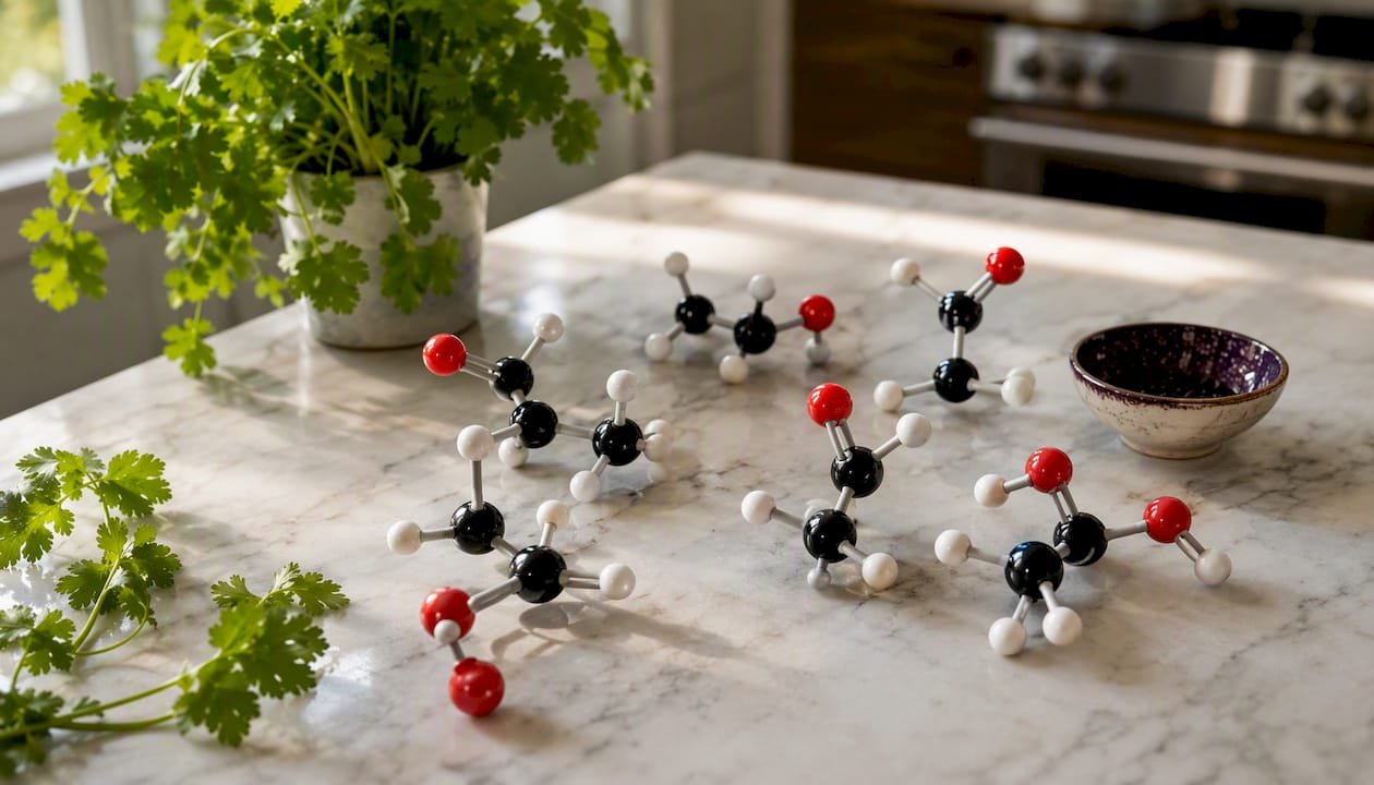 Aldehyde molecule model on wooden kitchen table
