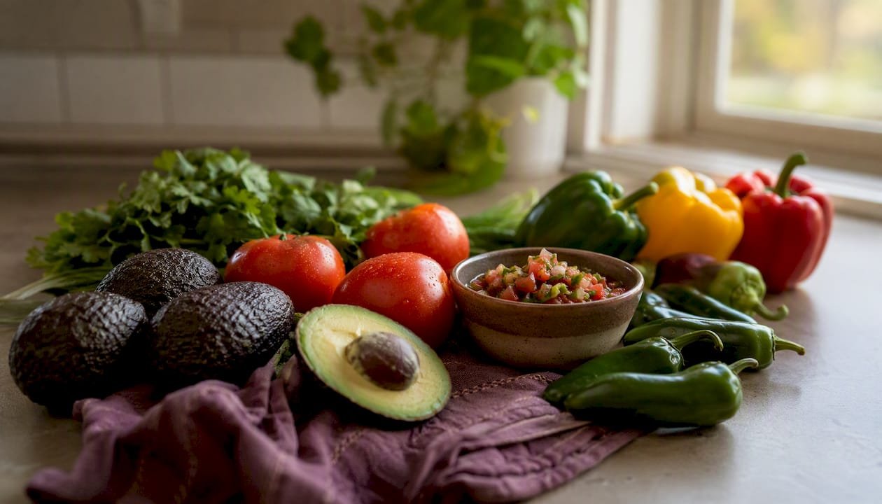 Fresh local vegetables and guacamole on table