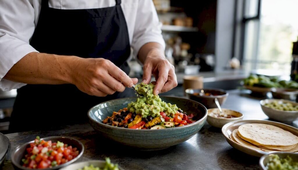 Chef preparing vegan Mexican bowl with guacamole