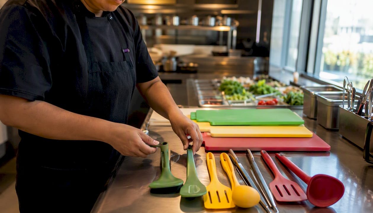 Kitchen utensils arranged separately for allergen safety