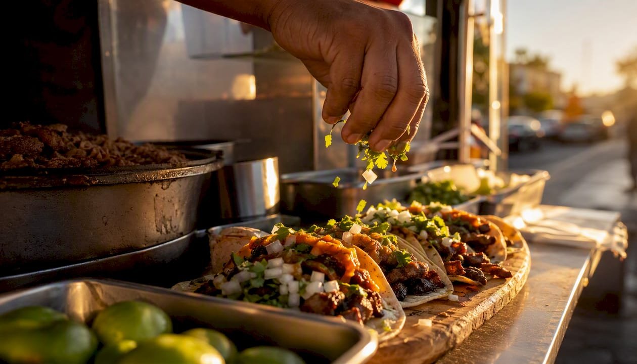 Close-up of tacos with carne asada at street taco stand