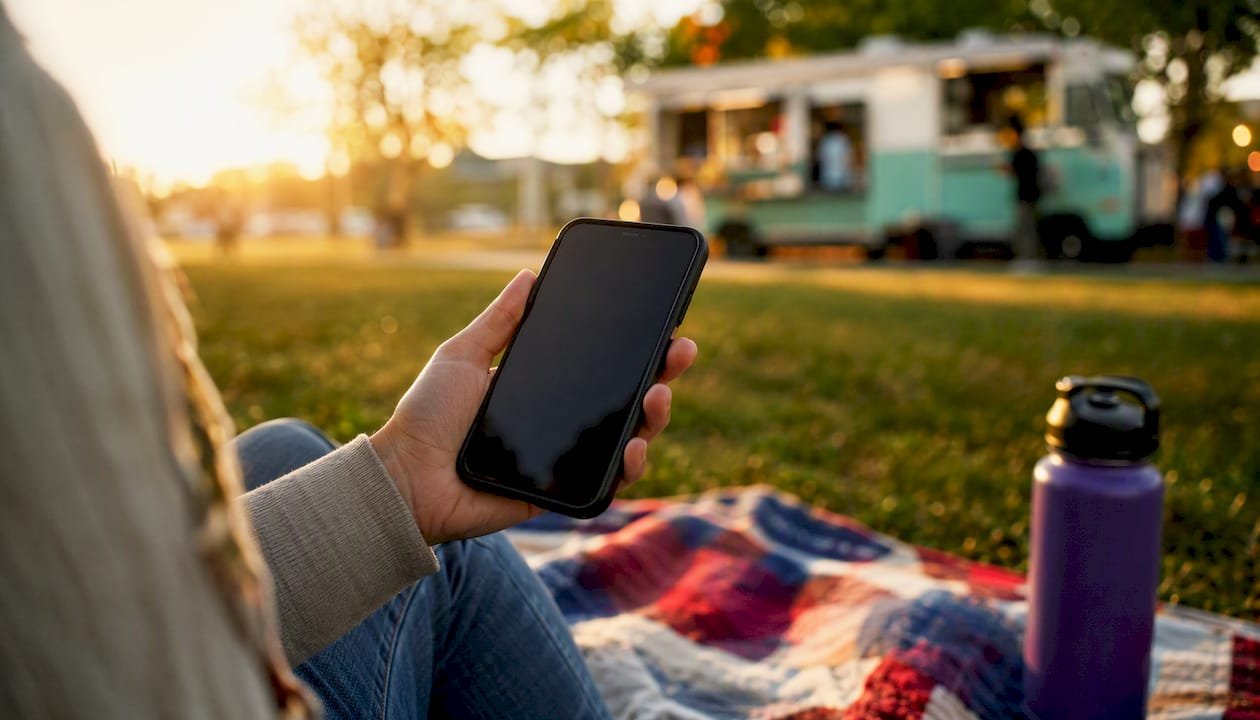 Hand holding smartphone near taco truck in Winnipeg