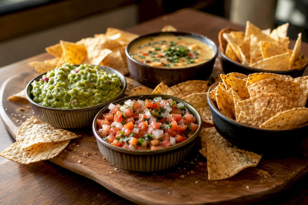 Grazing board with guacamole, pico de gallo, queso, and chips