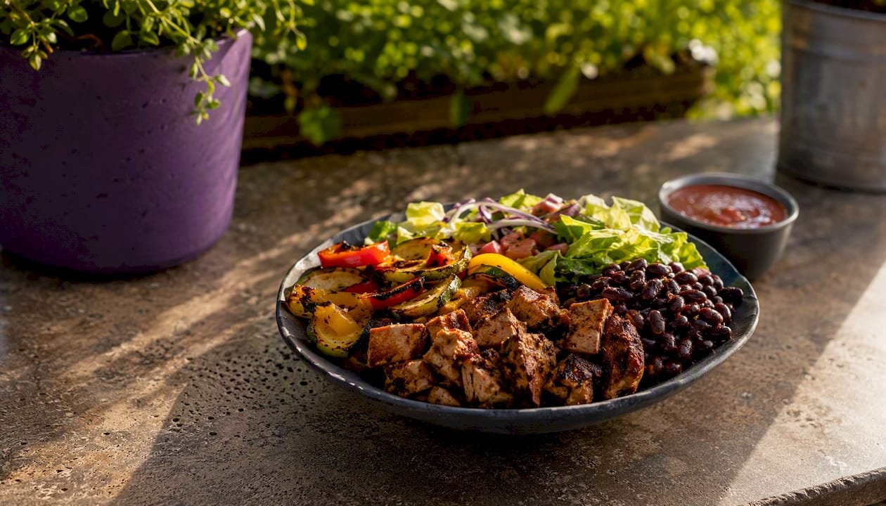 Naked burrito bowl with chicken and black beans