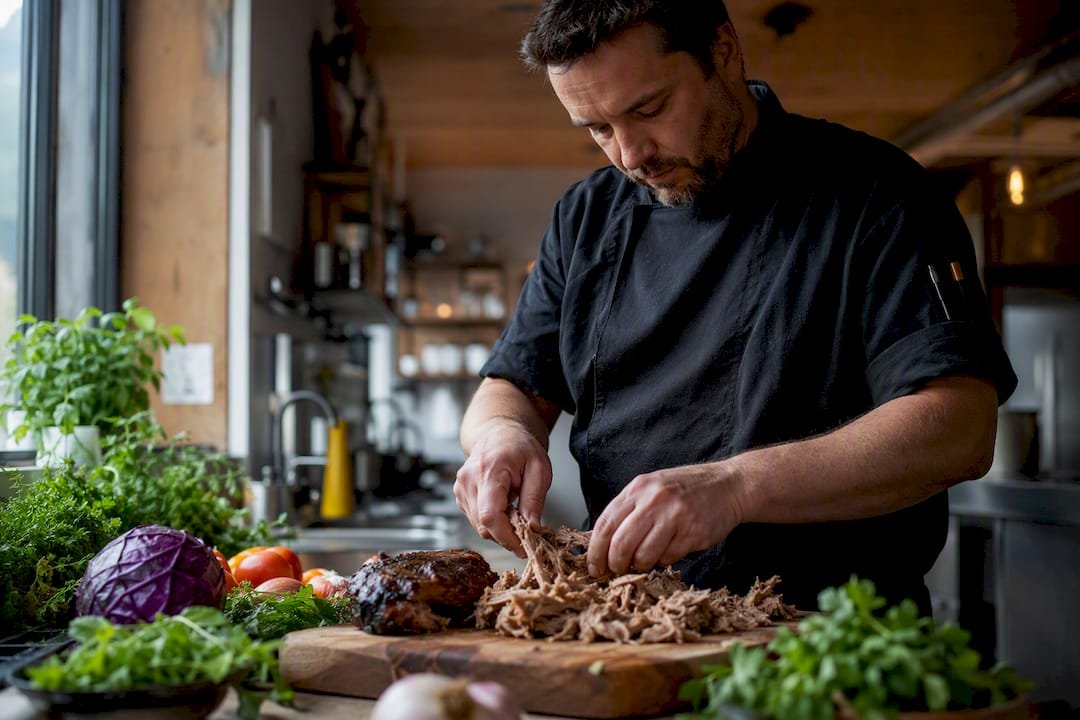 Chef hand-pulling slow-cooked pork carnitas