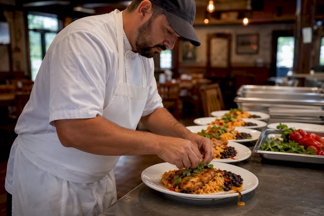 Cook plating meals in military dining hall kitchen