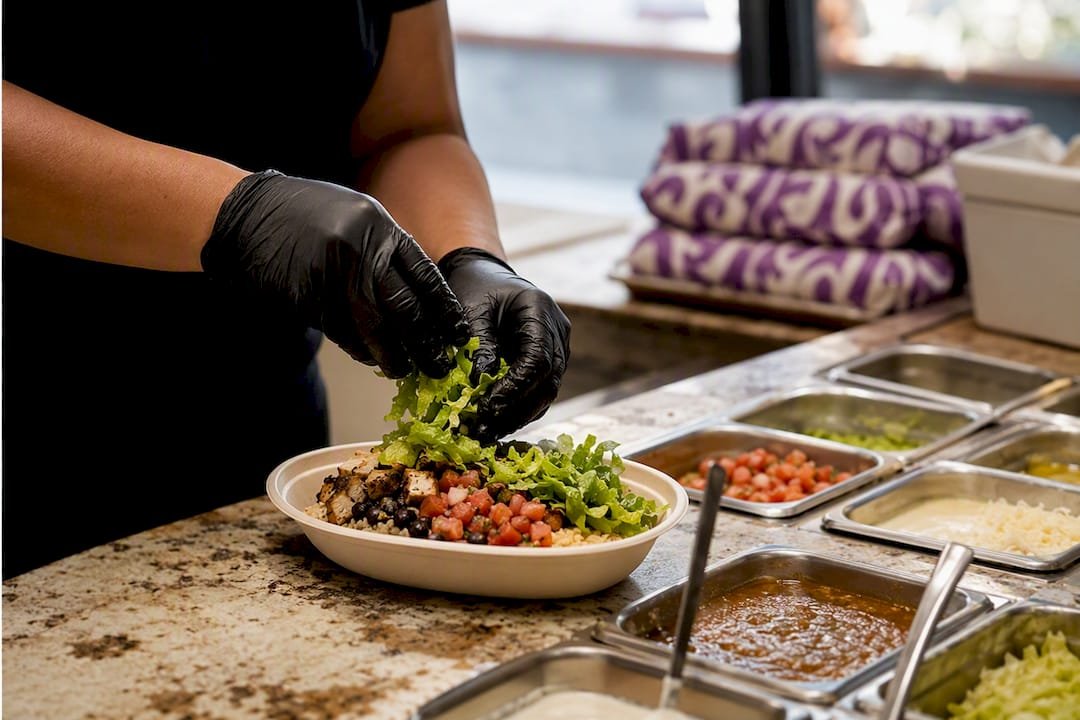 Hands assembling burrito bowl quickly at food counter