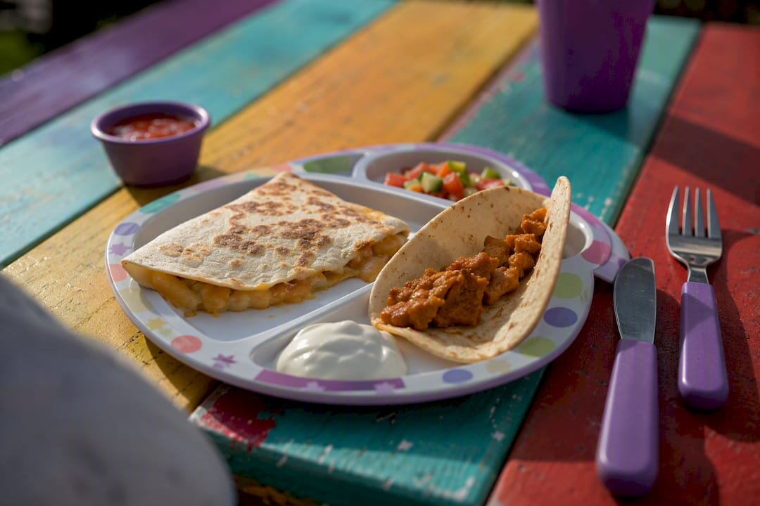 Kid-friendly plain cheese quesadilla and soft taco