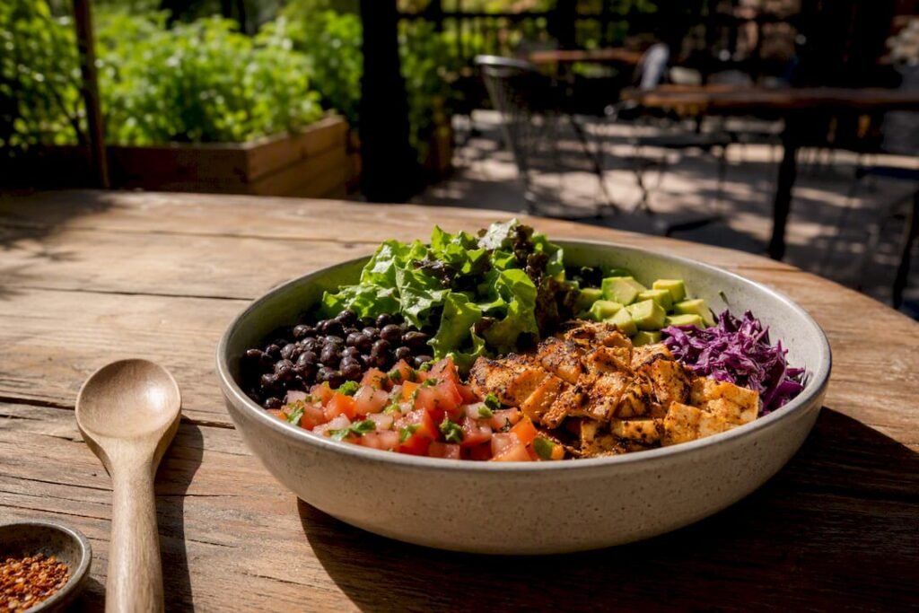 Fresh naked burrito bowl with local ingredients