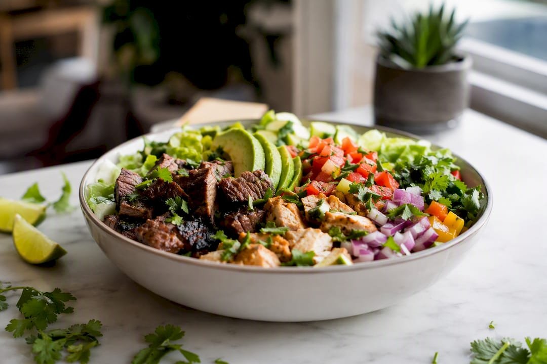 Close-up of paleo Mexican naked burrito bowl ingredients