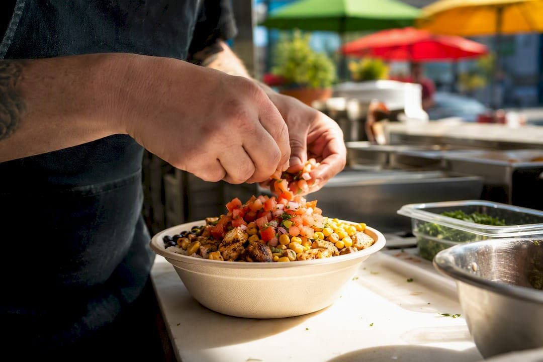 Chef assembling gluten-free Mexican bowl