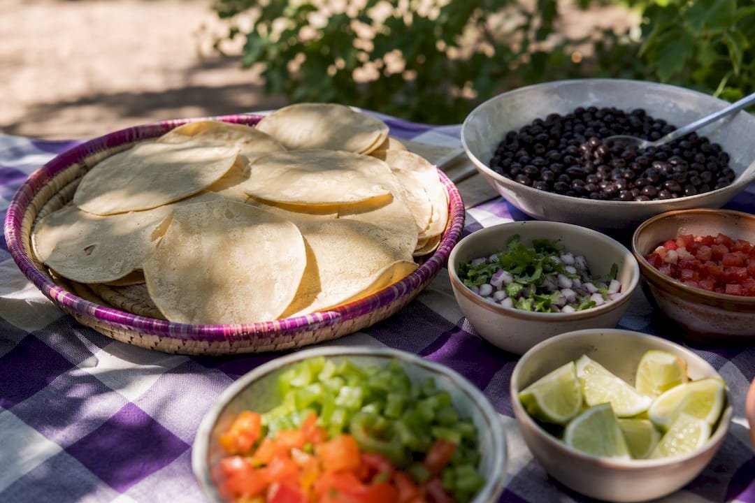 Corn tortillas with beans and fresh vegetables
