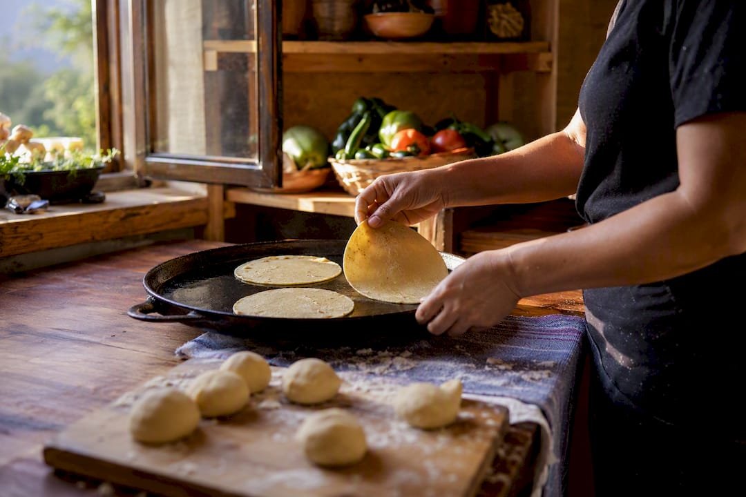 Fresh corn tortillas cooking on skillet