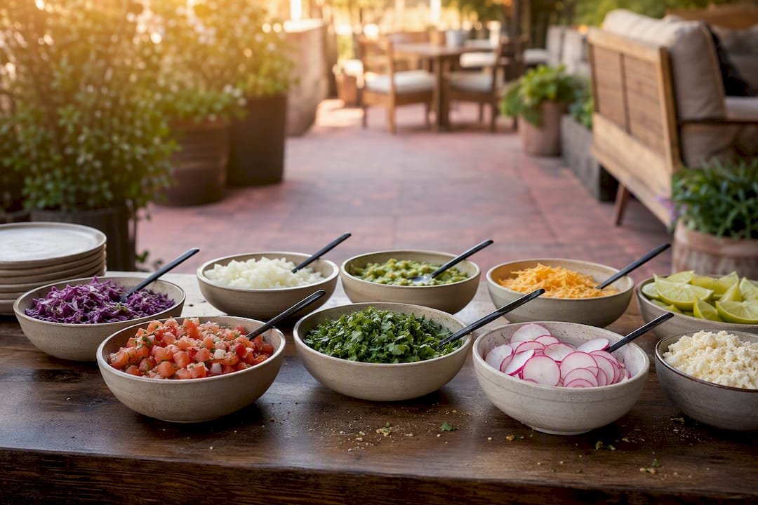 Labeled taco bar toppings with individual spoons