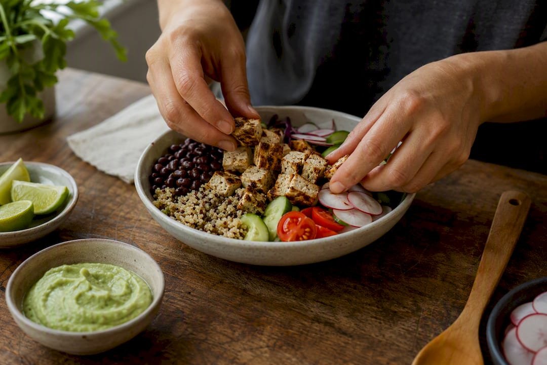 Hands assembling tofu burrito bowl ingredients