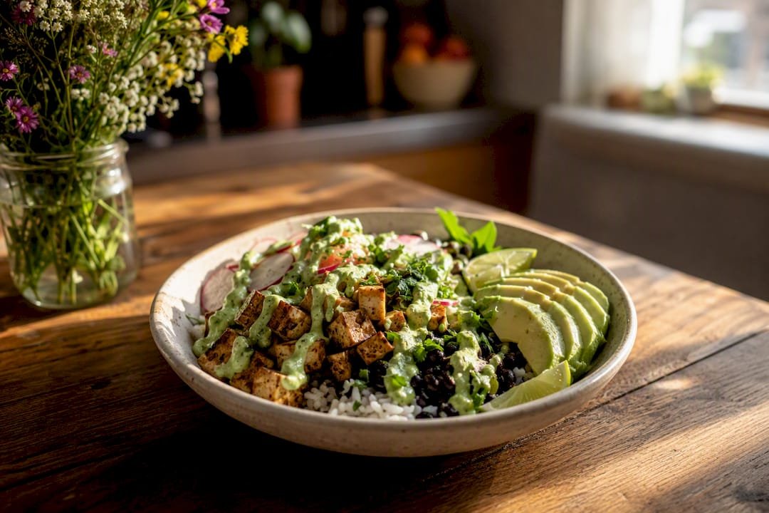Burrito bowl with avocado crema and lime wedges