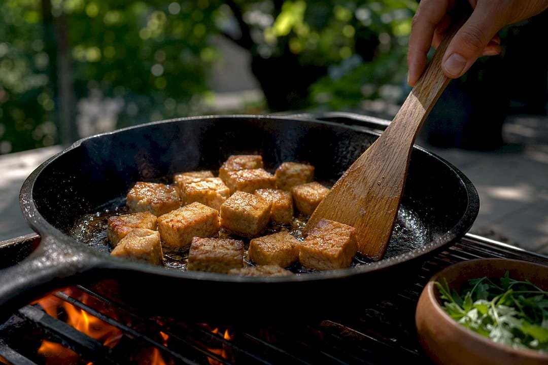 Crispy tofu cooking in pan close-up