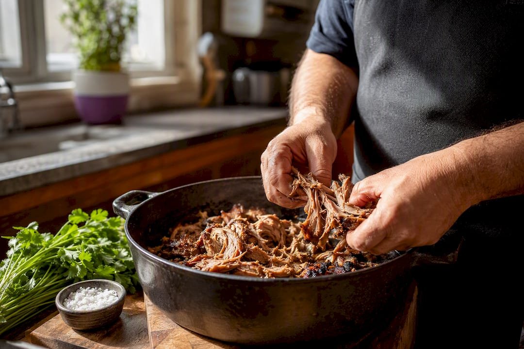 Hands pulling slow-cooked carnitas pork
