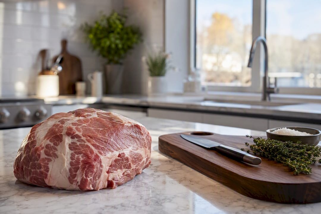 Raw pork shoulder cut on butcher block close-up
