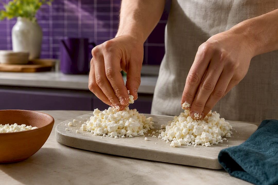 Hands comparing feta and cotija cheese