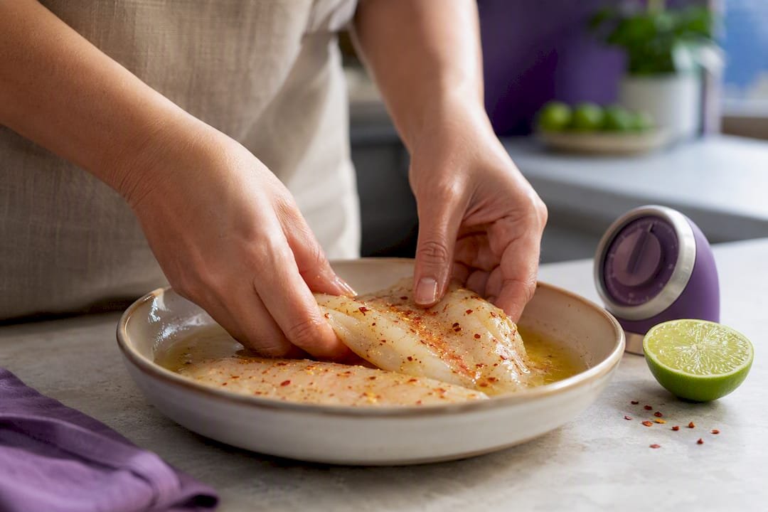 Fish fillets marinating with lime and chili