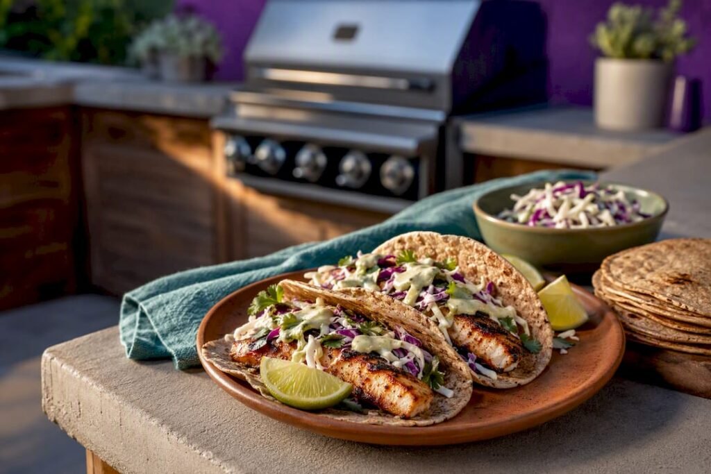 Grilled fish tacos with lime and cabbage