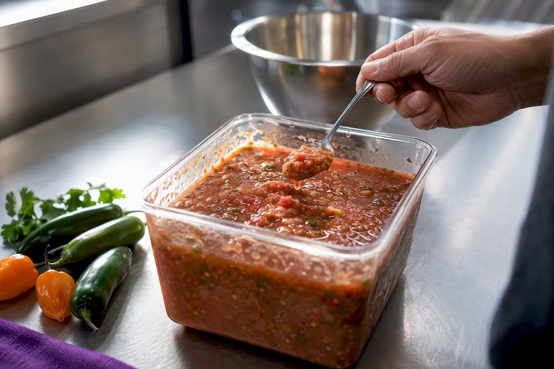 Staff member tasting a fresh salsa batch
