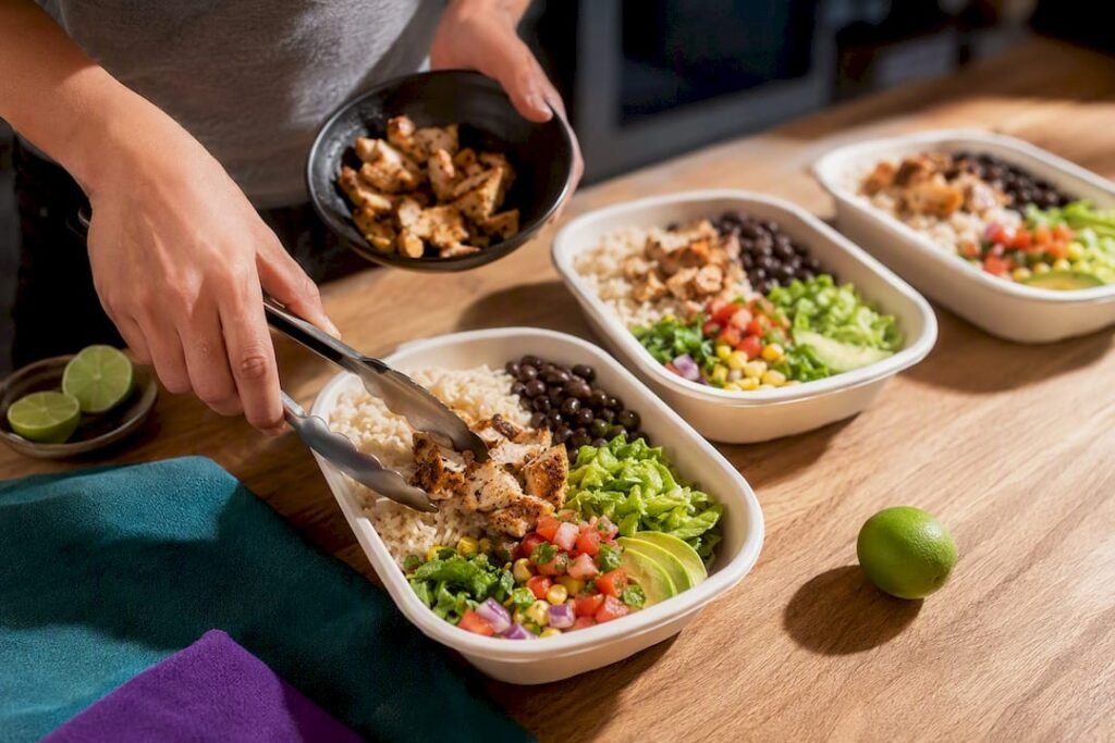 High protein burrito bowl meal prep containers