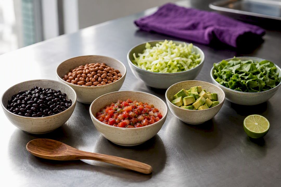 Beans salsa avocado and greens for burrito