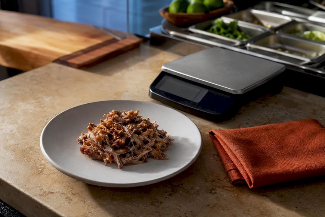 Measured serving of shredded carnitas