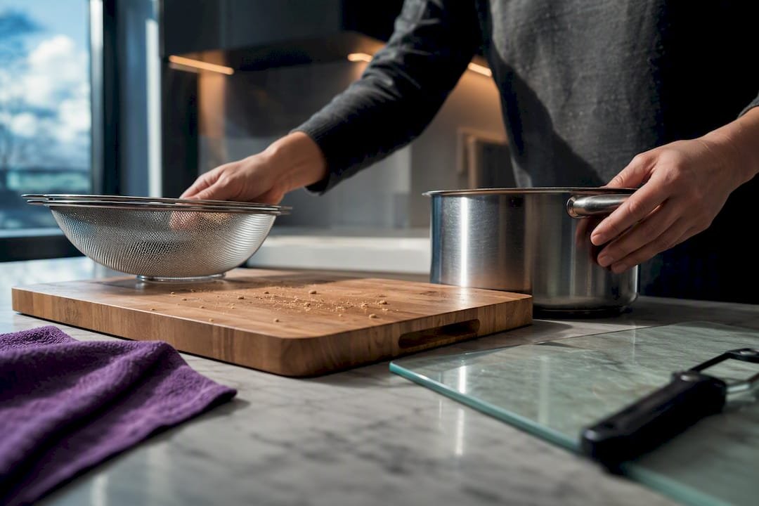 Kitchen utensils arranged to show gluten cross-contact