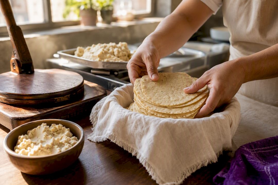 Fresh corn tortillas beside masa preparation
