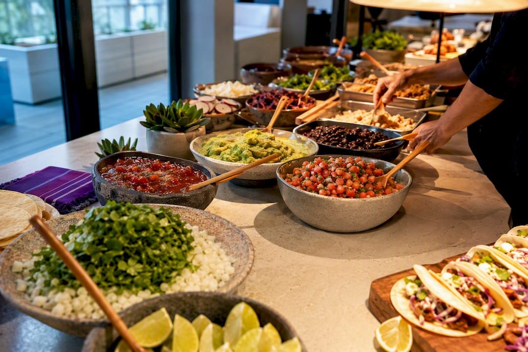 Taco bar buffet prepared for a crowd