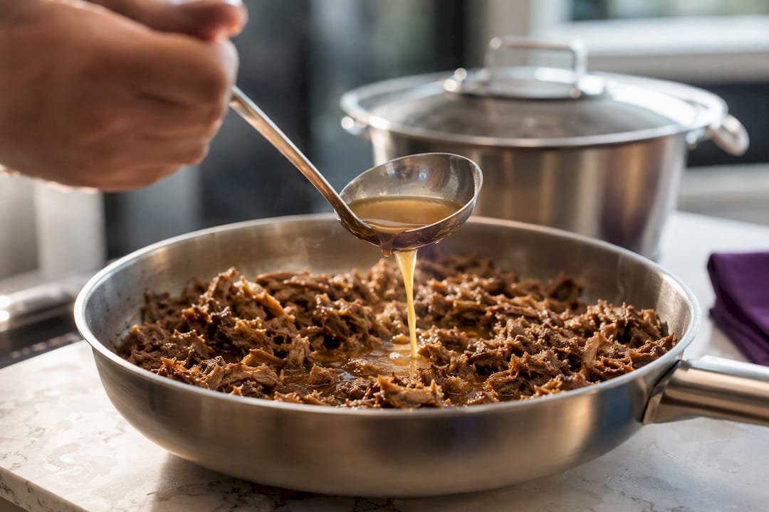 Ladling broth into taco meat pan