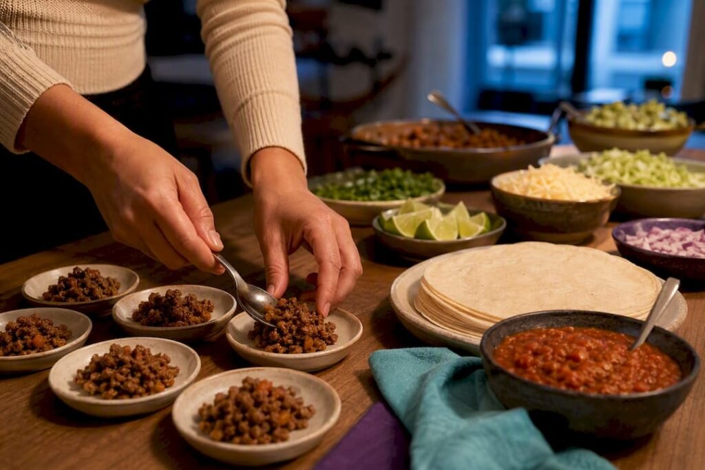 Taco party portions arranged for guests