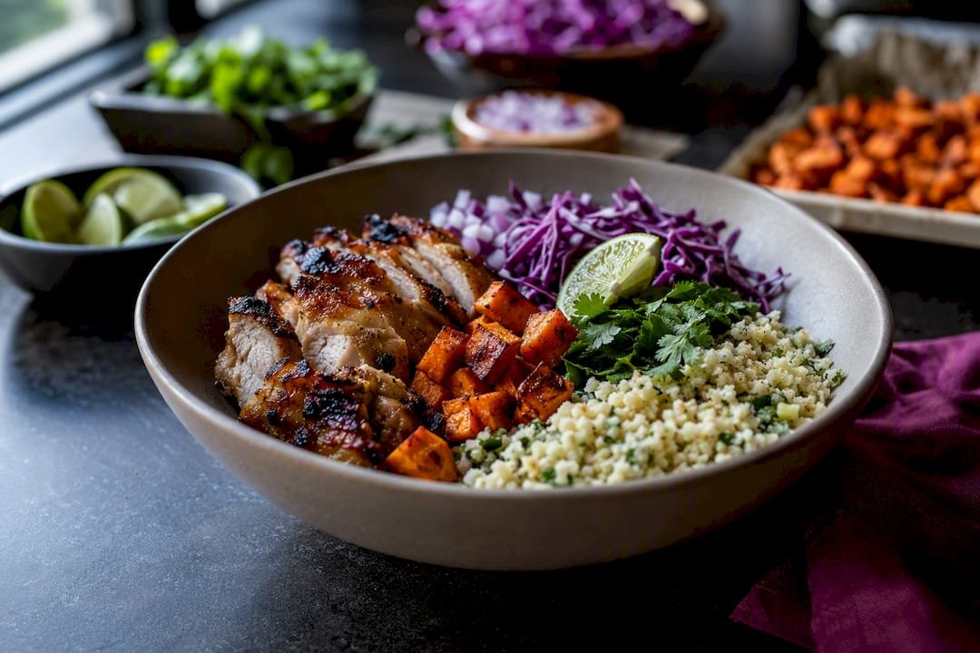 Paleo burrito bowl with crisp cauliflower rice