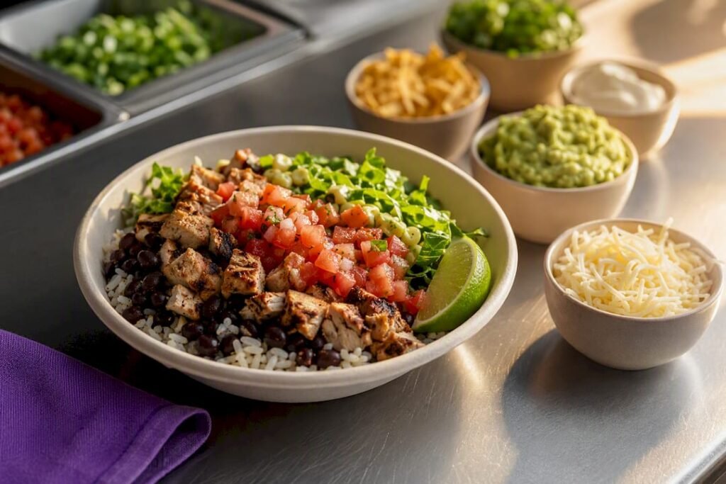Burrito bowl with varied calorie toppings